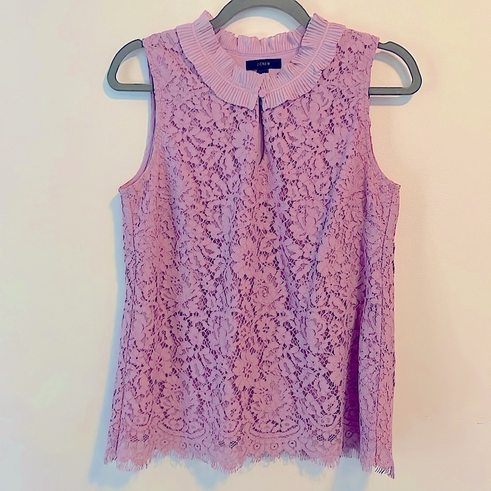 J. Crew Sleeveless Button-Collar Romantic Floral Lace Top, Soft Pink - Picture 2 of 8